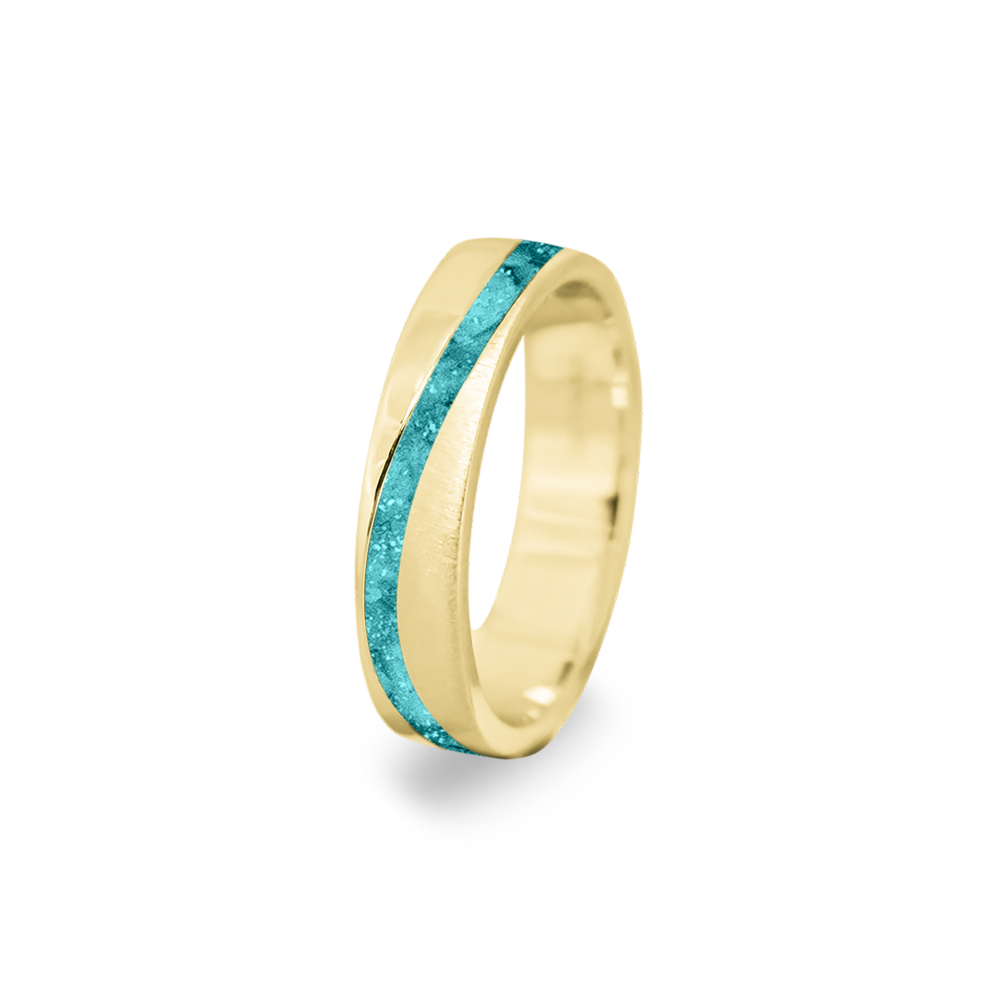 Gedenksieraad, ring  rondom zichtbaar gevuld met as of haar. Het vullen en sealen met onze speciale hars wordt in onze ambachtelijke edelsmederij gedaan. Aqua