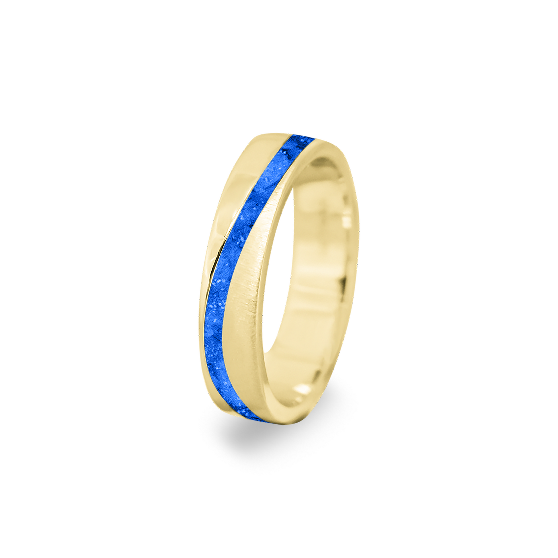 Gedenksieraad, ring  rondom zichtbaar gevuld met as of haar. Het vullen en sealen met onze speciale hars wordt in onze ambachtelijke edelsmederij gedaan. Blue