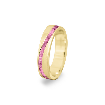 Gedenksieraad, ring  rondom zichtbaar gevuld met as of haar. Het vullen en sealen met onze speciale hars wordt in onze ambachtelijke edelsmederij gedaan. Fluo