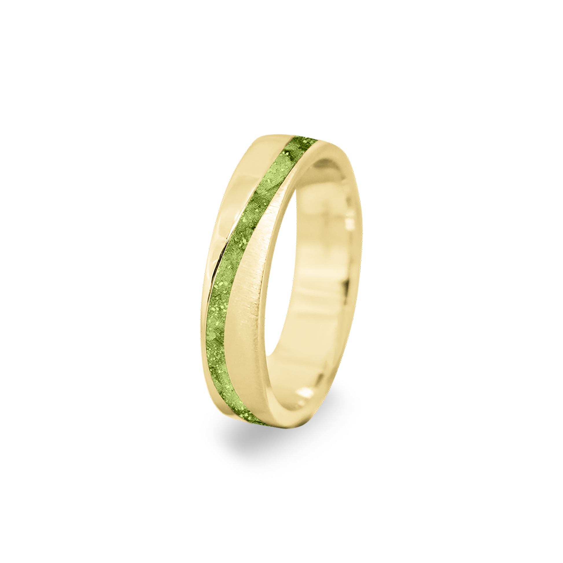 Gedenksieraad, ring  rondom zichtbaar gevuld met as of haar. Het vullen en sealen met onze speciale hars wordt in onze ambachtelijke edelsmederij gedaan. Green