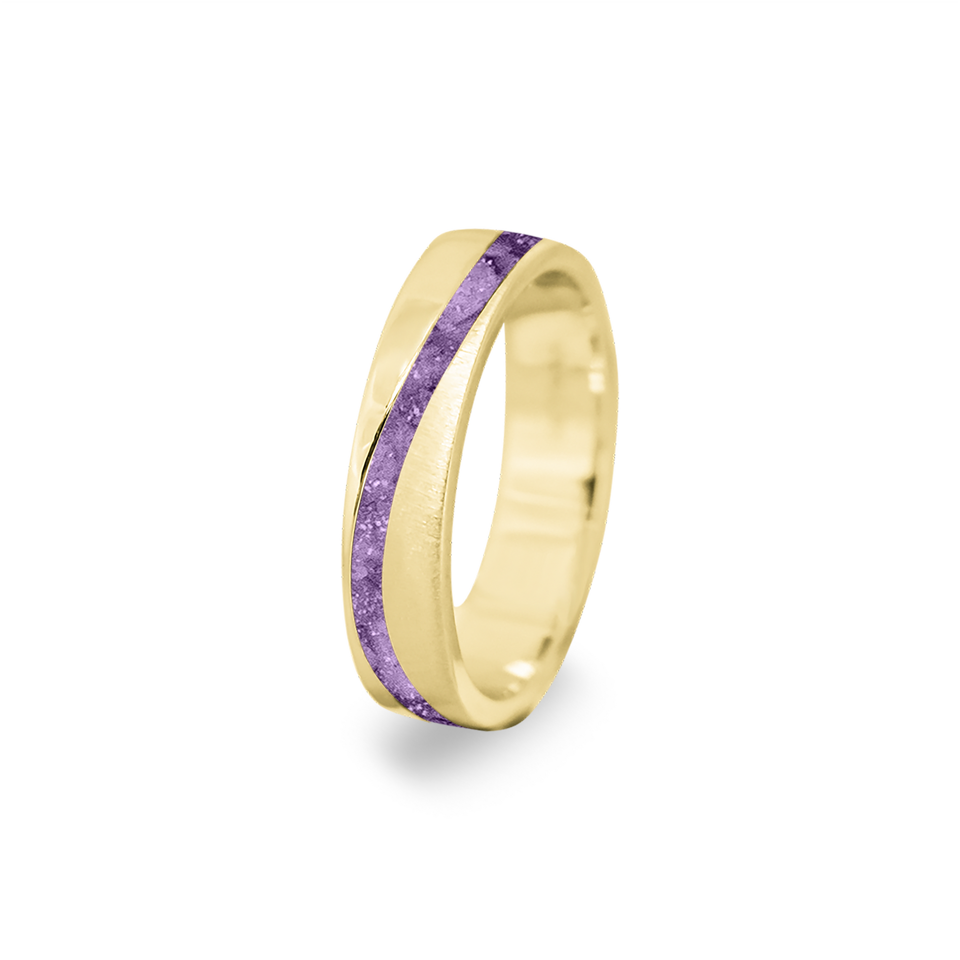 Gedenksieraad, ring  rondom zichtbaar gevuld met as of haar. Het vullen en sealen met onze speciale hars wordt in onze ambachtelijke edelsmederij gedaan. Purple