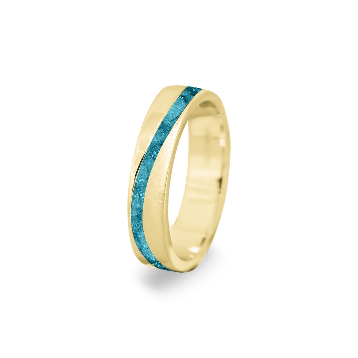 Gedenksieraad, ring  rondom zichtbaar gevuld met as of haar. Het vullen en sealen met onze speciale hars wordt in onze ambachtelijke edelsmederij gedaan. Turquoise