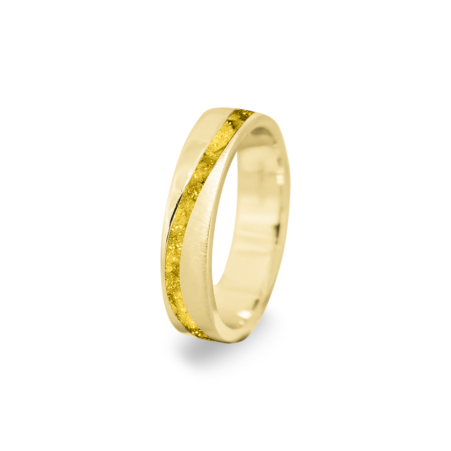 Gedenksieraad, ring  rondom zichtbaar gevuld met as of haar. Het vullen en sealen met onze speciale hars wordt in onze ambachtelijke edelsmederij gedaan. Yellow