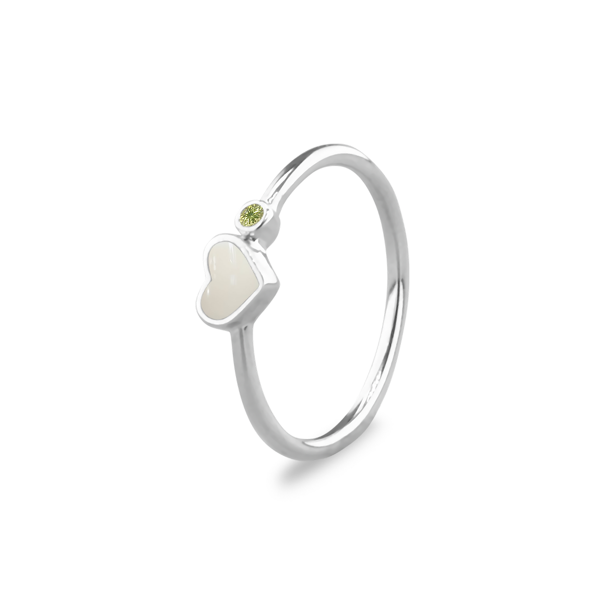 Gedenksieraad waarin een geboortesteen geplaatst wordt naar keuze. Het hartje van 6 mm wordt zichtbaar gevuld met as,haar of moedermelk. Augustus