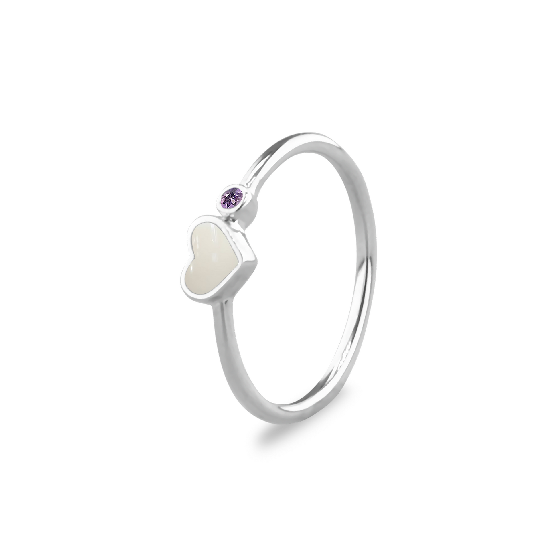 Gedenksieraad waarin een geboortesteen geplaatst wordt naar keuze. Het hartje van 6 mm wordt zichtbaar gevuld met as,haar of moedermelk. Februari