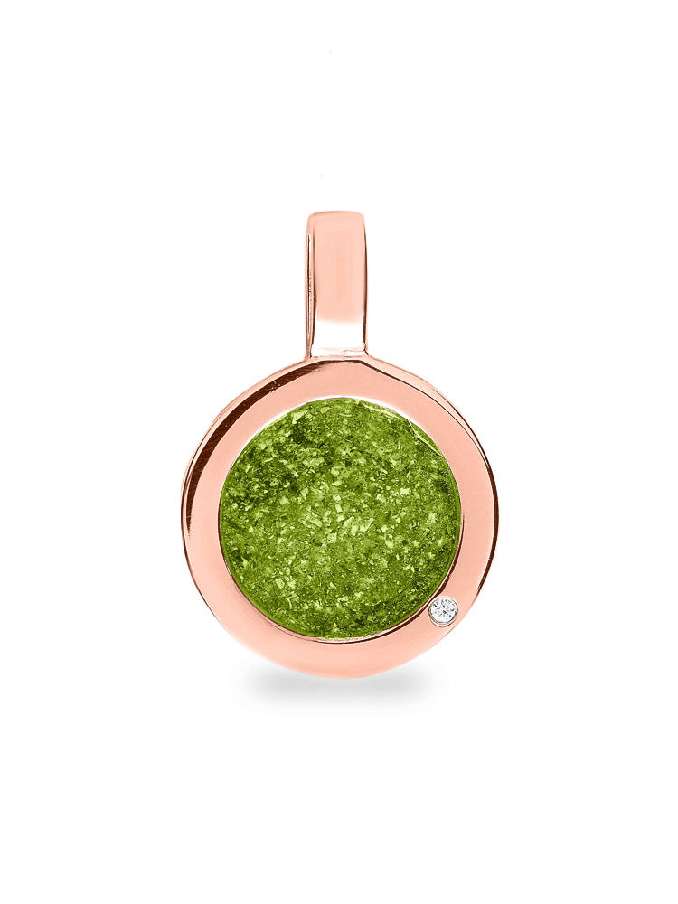 Ronde platte ashanger, gedenksieraad, waar as en haar in verwerkt wordt. Green