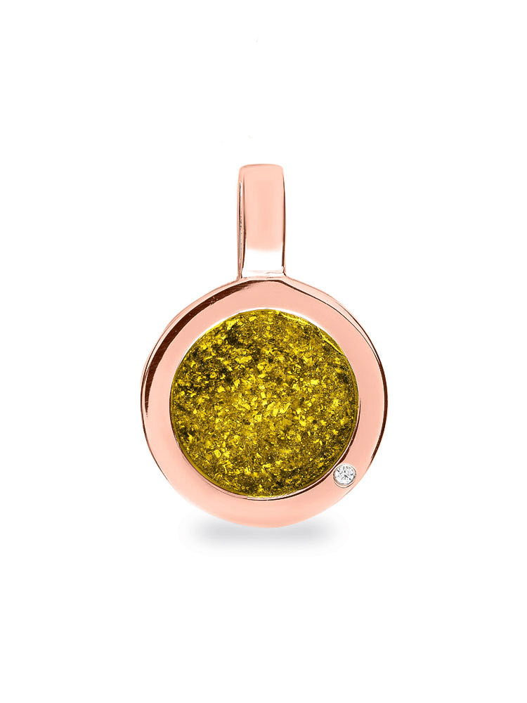 Ronde platte ashanger, gedenksieraad, waar as en haar in verwerkt wordt. Yellow