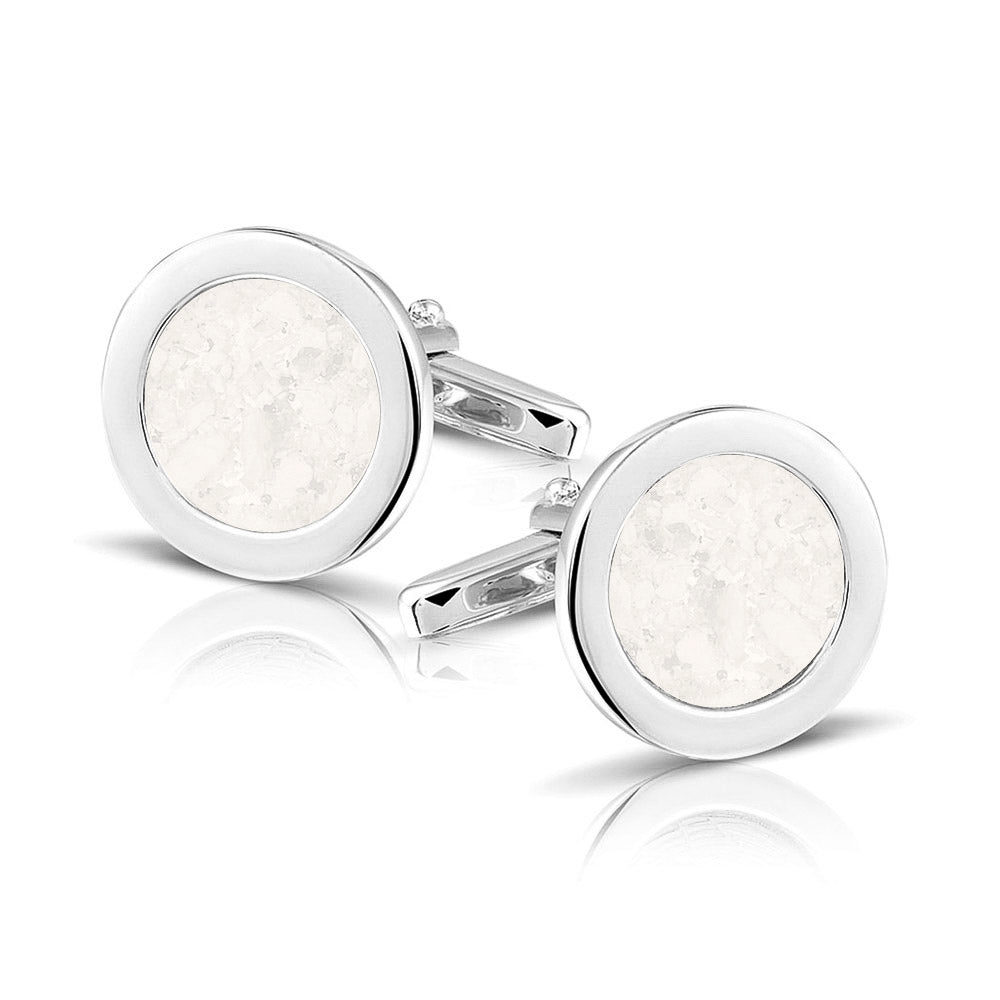 Ronde manchetknopen met as, zichtbaar gevuld, als herinneringssieraad. White