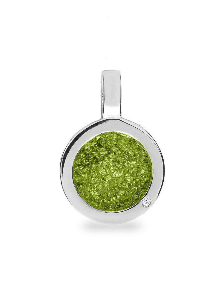 Ronde platte ashanger, gedenksieraad, waar as en haar in verwerkt wordt. Green