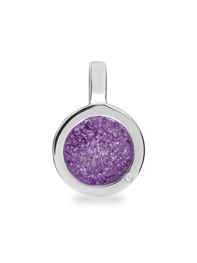 Ronde platte ashanger, gedenksieraad, waar as en haar in verwerkt wordt. Purple