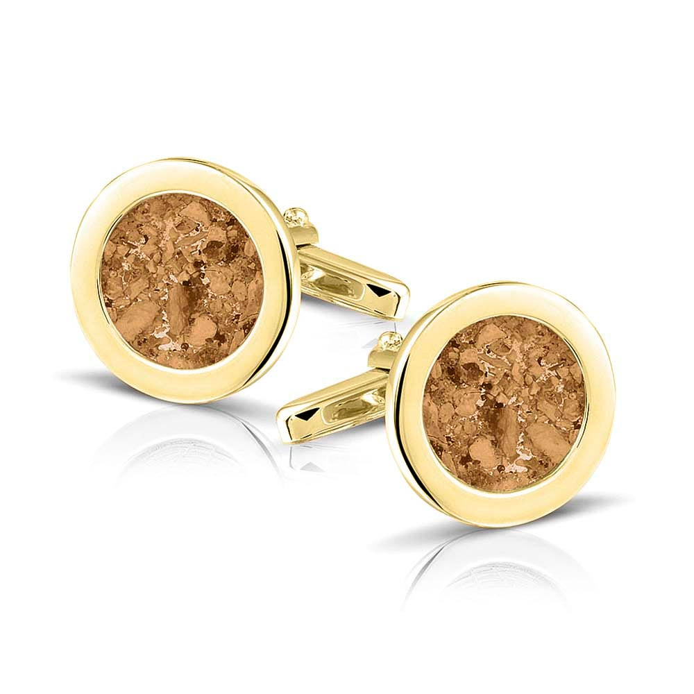 Ronde manchetknopen met as, zichtbaar gevuld, als herinneringssieraad. Gold