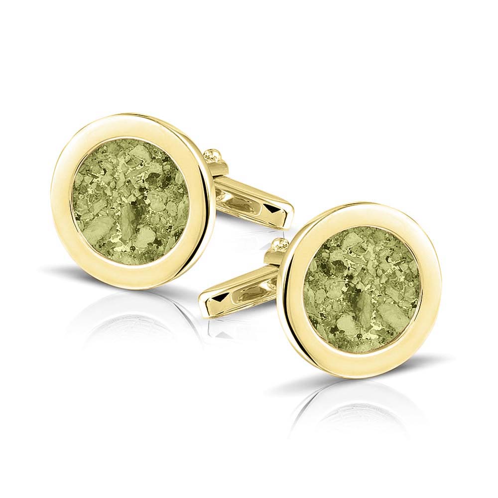 Ronde manchetknopen met as, zichtbaar gevuld, als herinneringssieraad. Olive