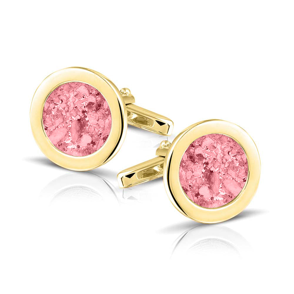 Ronde manchetknopen met as, zichtbaar gevuld, als herinneringssieraad. Soft