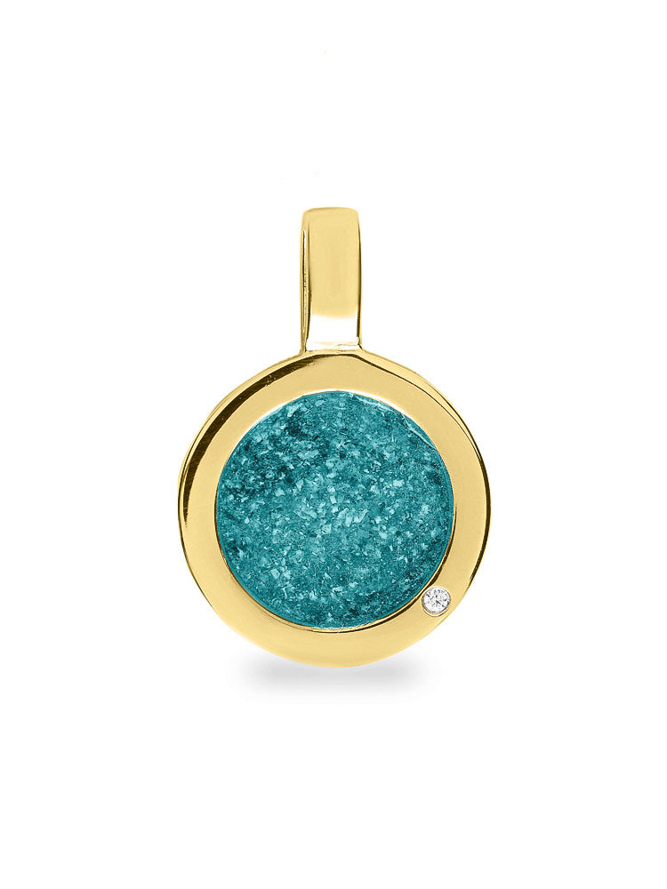 Ronde platte ashanger, gedenksieraad, waar as en haar in verwerkt wordt. Aqua