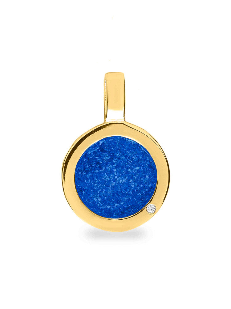 Ronde platte ashanger, gedenksieraad, waar as en haar in verwerkt wordt. Blue