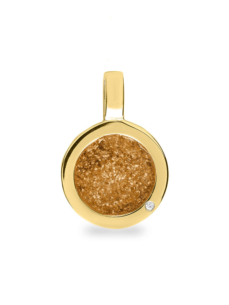 Ronde platte ashanger, gedenksieraad, waar as en haar in verwerkt wordt. Gold