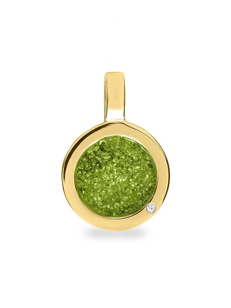 Ronde platte ashanger, gedenksieraad, waar as en haar in verwerkt wordt. Green