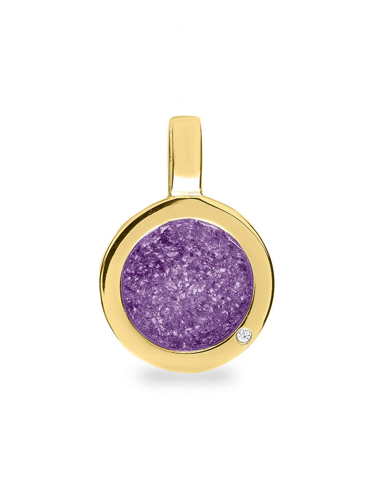 Ronde platte ashanger, gedenksieraad, waar as en haar in verwerkt wordt. Purple