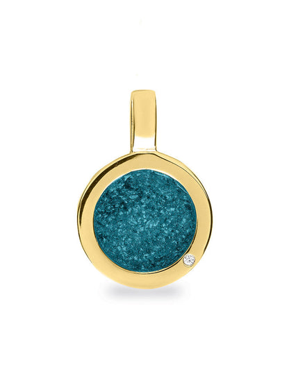Ronde platte ashanger, gedenksieraad, waar as en haar in verwerkt wordt. Turquoise