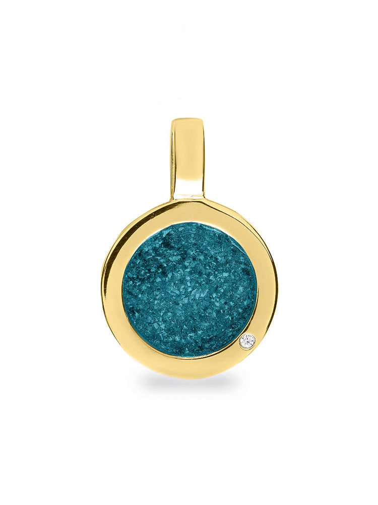 Ronde platte ashanger, gedenksieraad, waar as en haar in verwerkt wordt. Turquoise