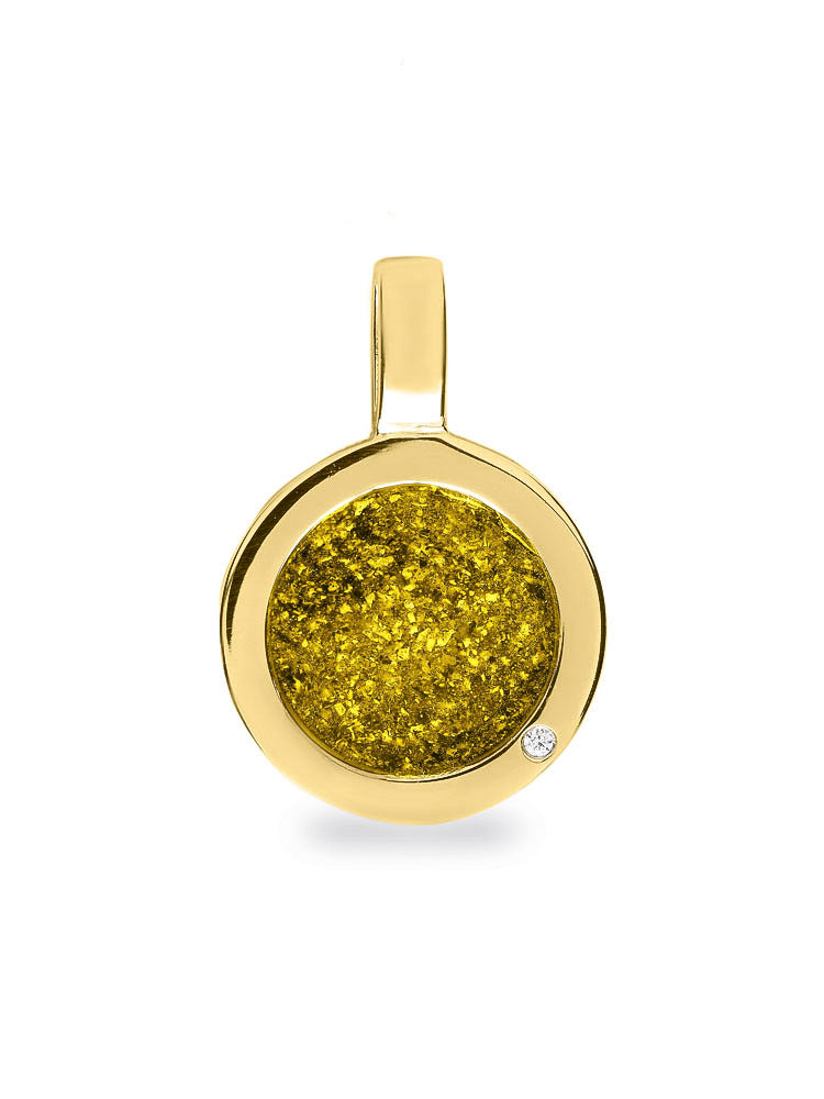 Ronde platte ashanger, gedenksieraad, waar as en haar in verwerkt wordt. Yellow