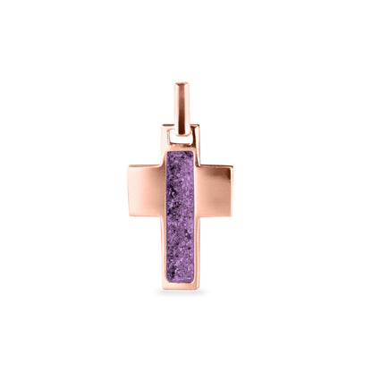 Ashanger kruis, gedenksieraad, waar as en haar in verwerkt wordt. Purple