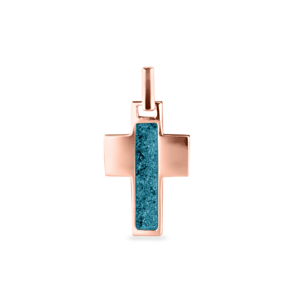Ashanger kruis, gedenksieraad, waar as en haar in verwerkt wordt. Turquoise