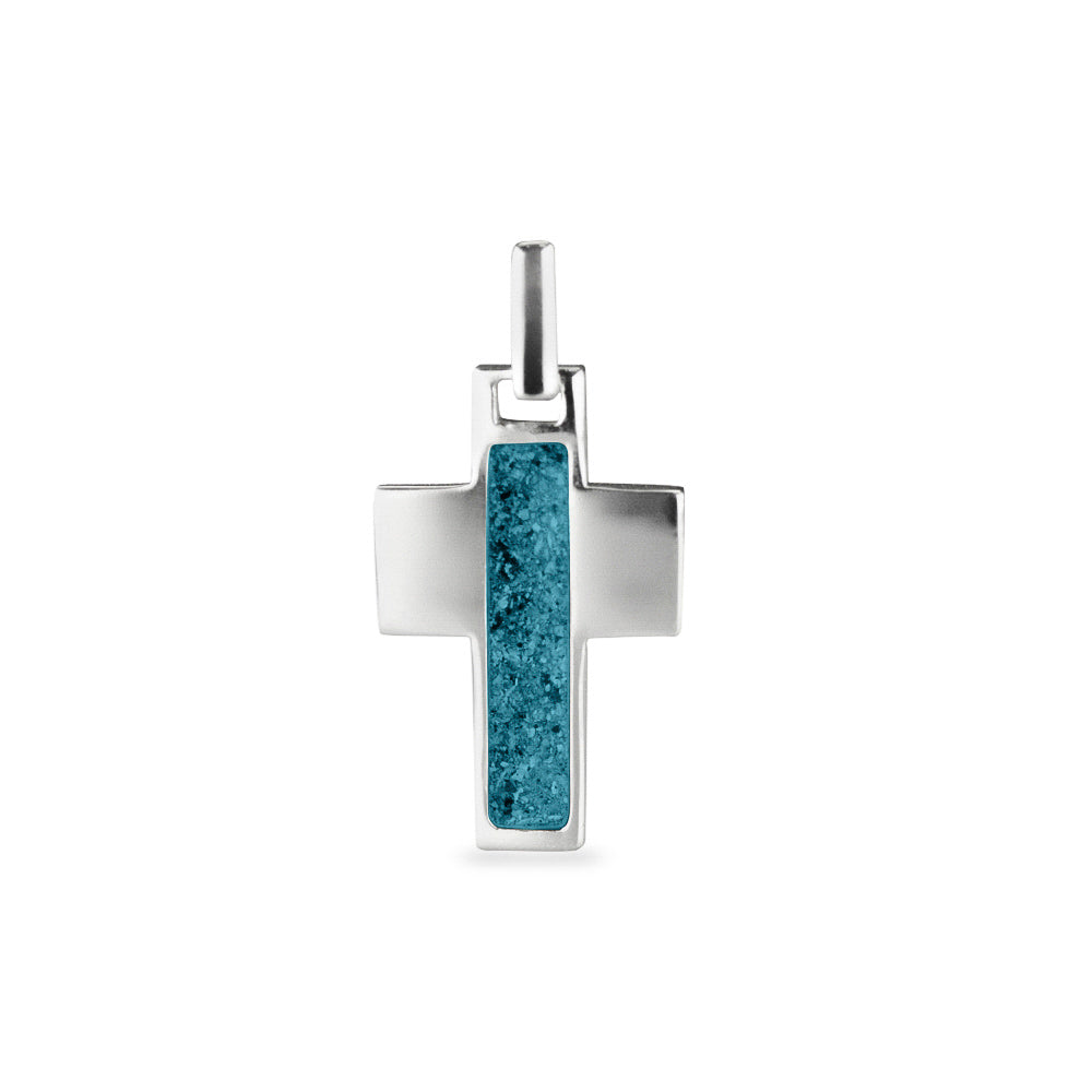 Ashanger kruis, gedenksieraad, waar as en haar in verwerkt wordt. Turquoise
