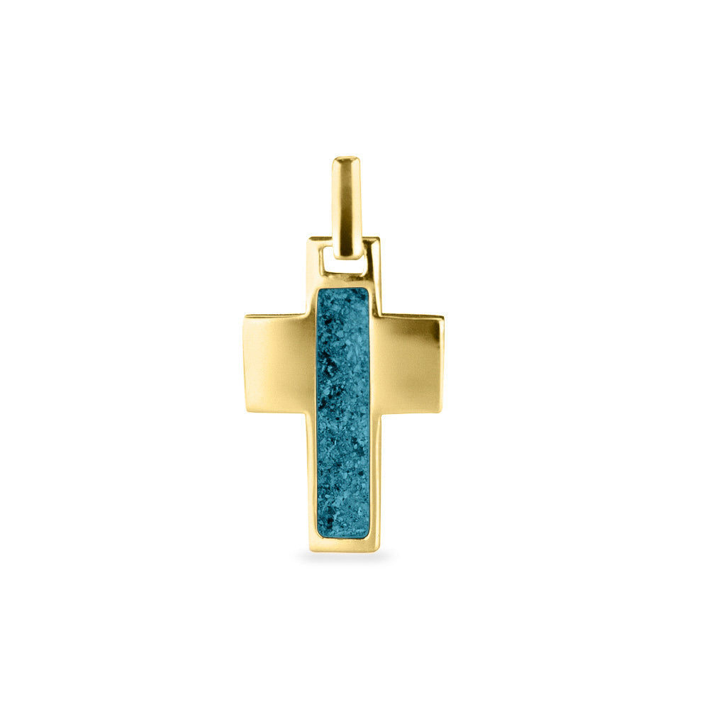 Ashanger kruis, gedenksieraad, waar as en haar in verwerkt wordt. Turquoise