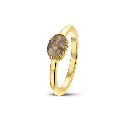 Afmeting ovaal: 8x6 mm, Ringband: 1.5 mm. Gedenksieraad, ring met een hartje er boven op , waar zichtbaar as of haar  in verwerkt wordt. Transparent