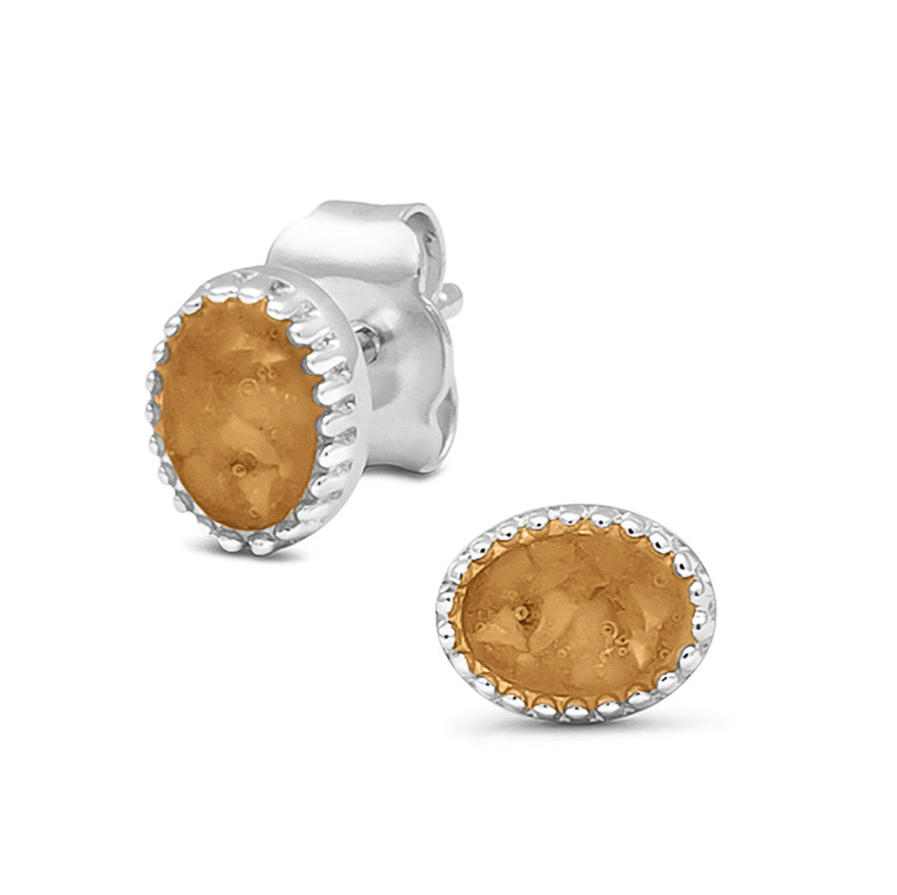 Ovaal gevormde oorstekers, aan de voorzijde zichtbaar gevuld met as of haar. Gold