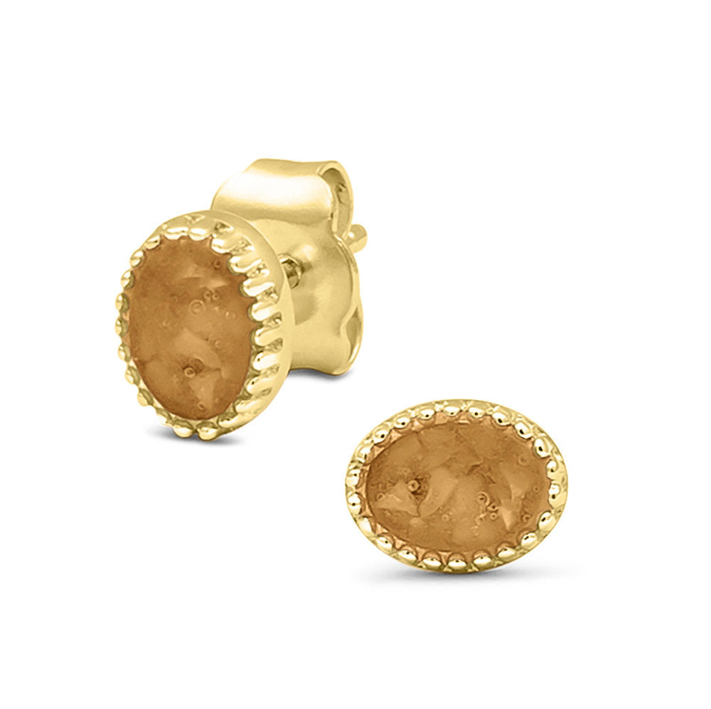 Ovaal gevormde oorstekers, aan de voorzijde zichtbaar gevuld met as of haar. Gold