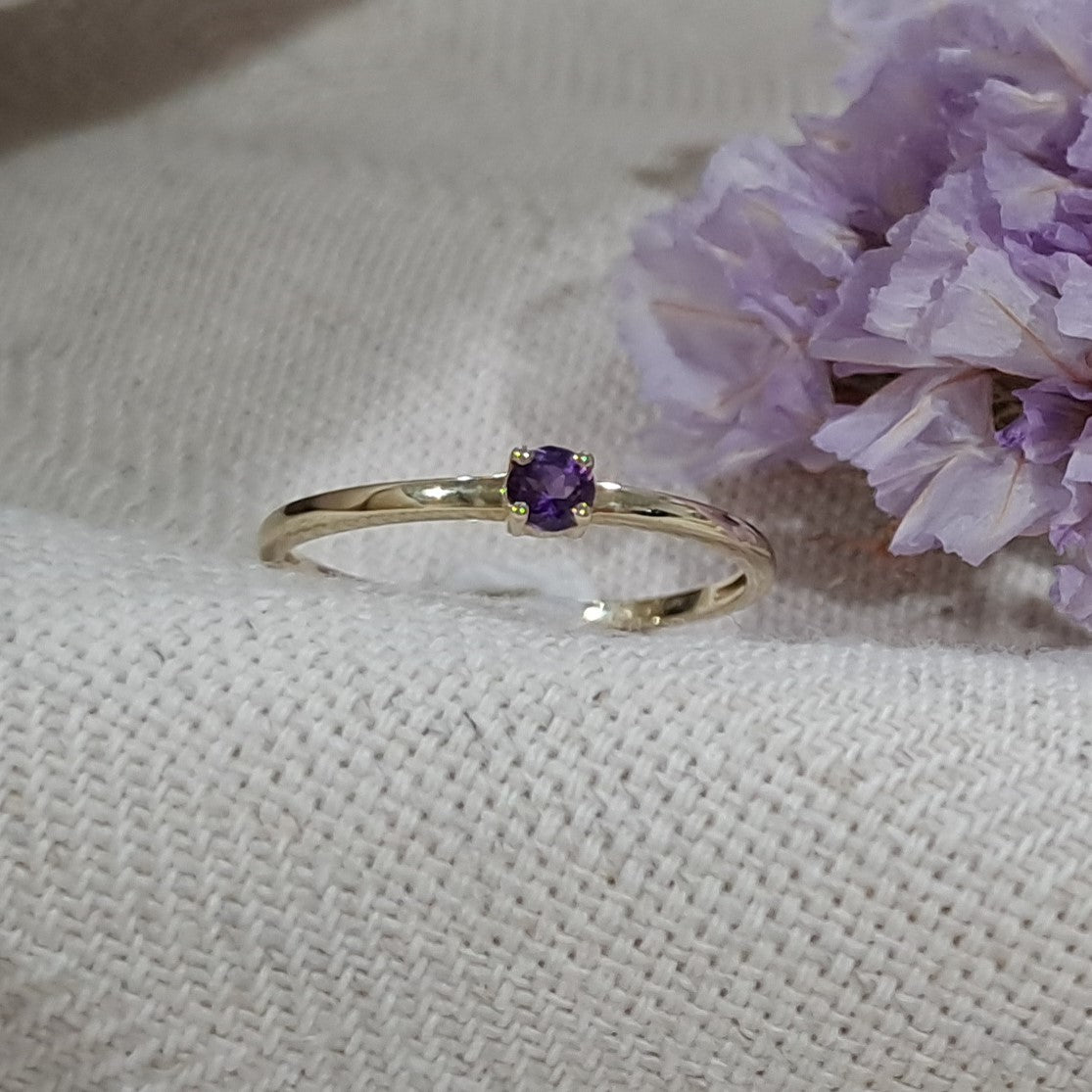  Exclusieve 14 KT geelgouden ring 3 mm met geboortesteen februari uit onze collectie geboortesieraden. 