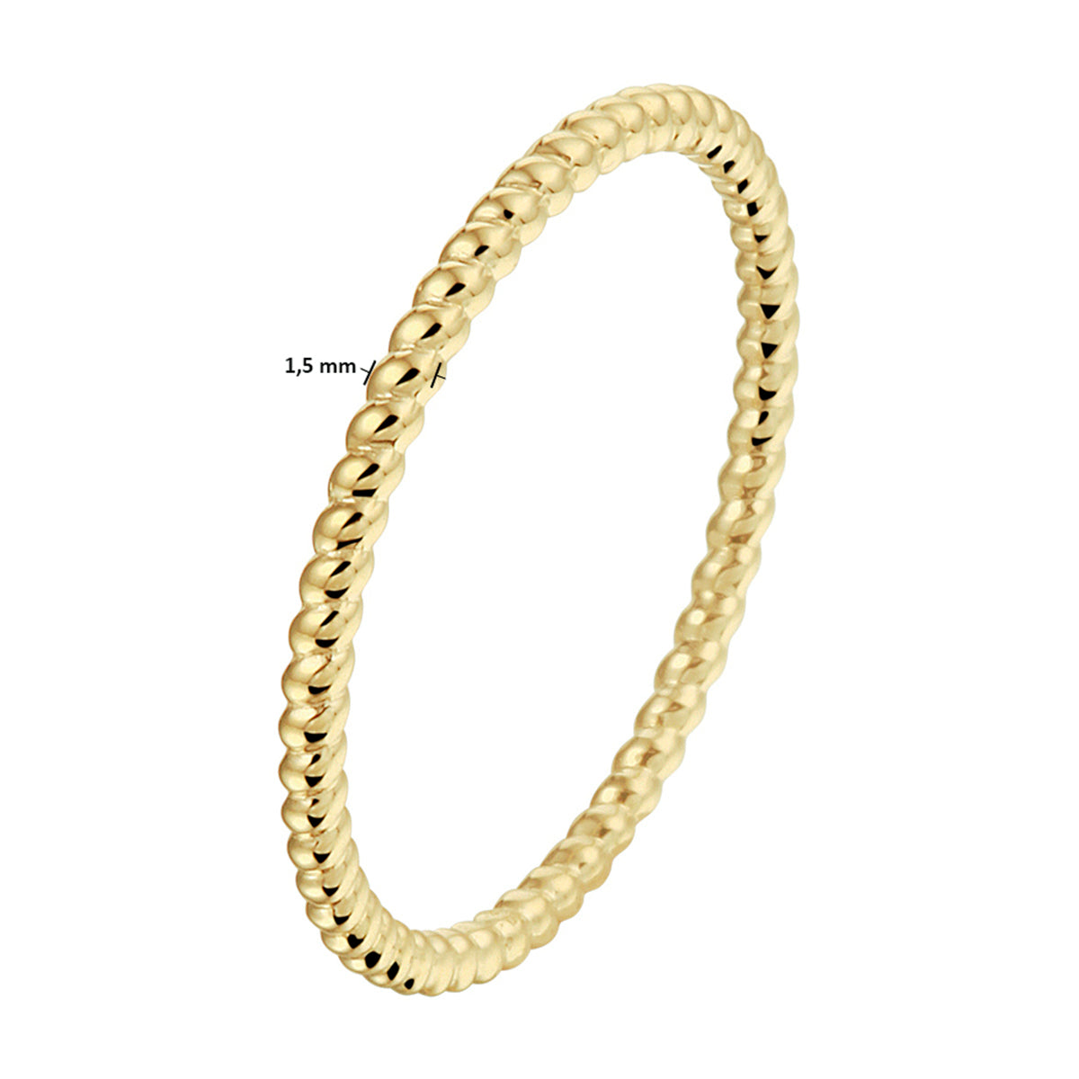 14 KT geelgouden stijlvolle aanschuifring die gedragen wordt in combinatie met andere ringen uit de collectie gedenksieraden. Alle
