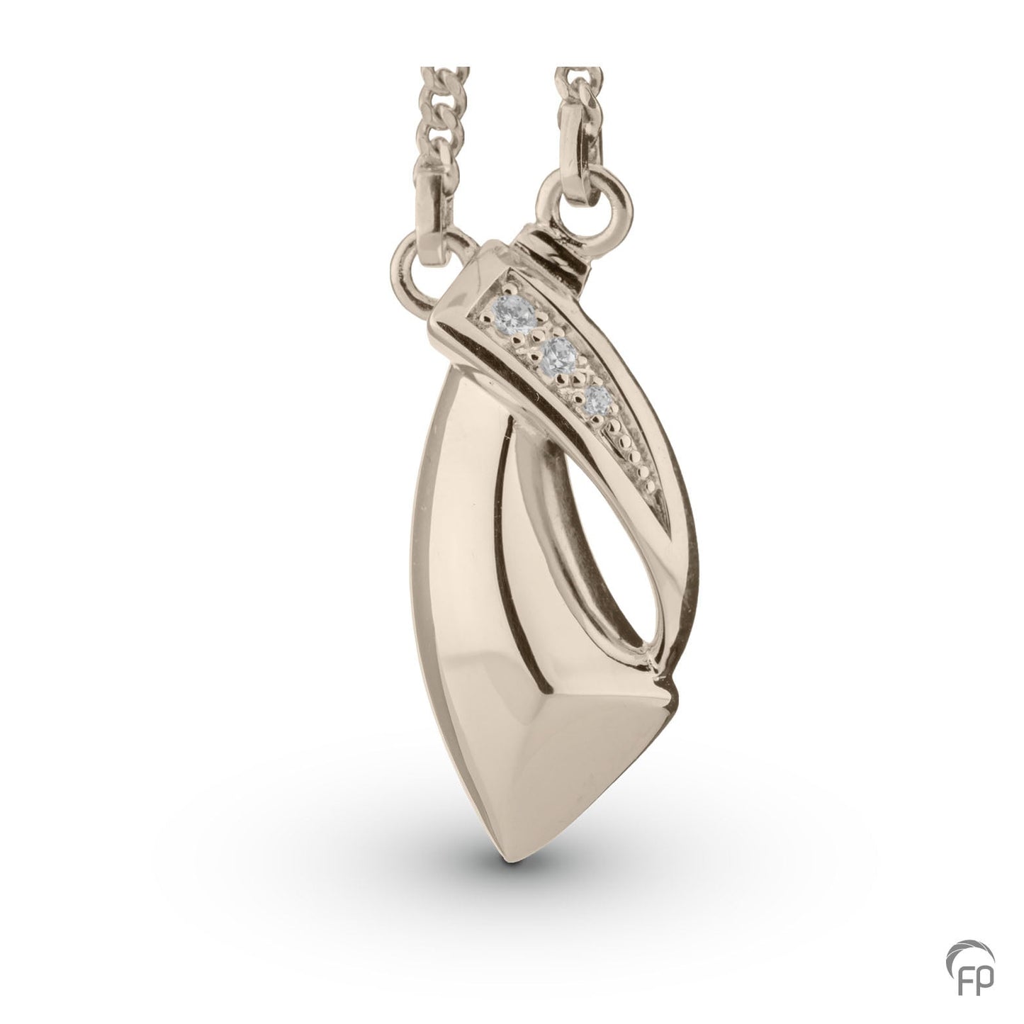 Deze ashanger wordt compleet geleverd met een 45 cm gourmette collier vast aan de hanger. In zilver afgewerkt met zirkonia's, in goud met diamanten.