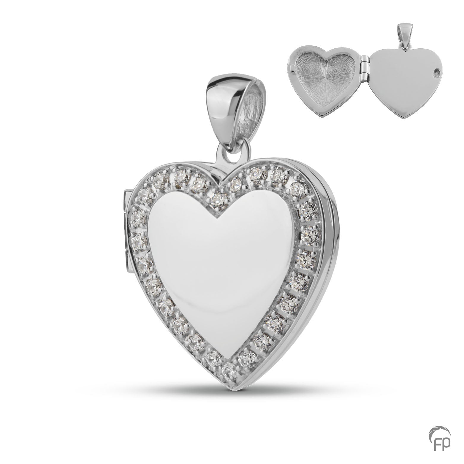 Hart medaillon, in zilver afgewerkt met zirkonia's, in goud met diamanten.  De ashangers zijn zelf te vullen en te bestellen in zilver 925 sterling, geelgoud en witgoud. 