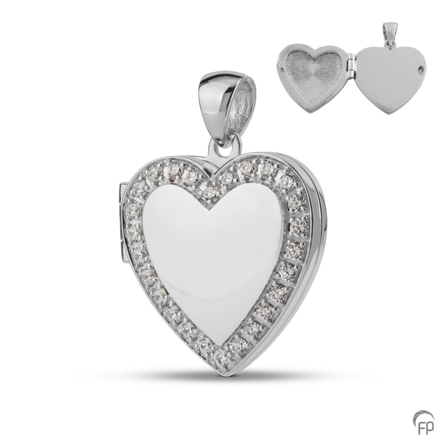 Hart medaillon, in zilver afgewerkt met zirkonia's, in goud met diamanten.  De ashangers zijn zelf te vullen en te bestellen in zilver 925 sterling, geelgoud en witgoud.