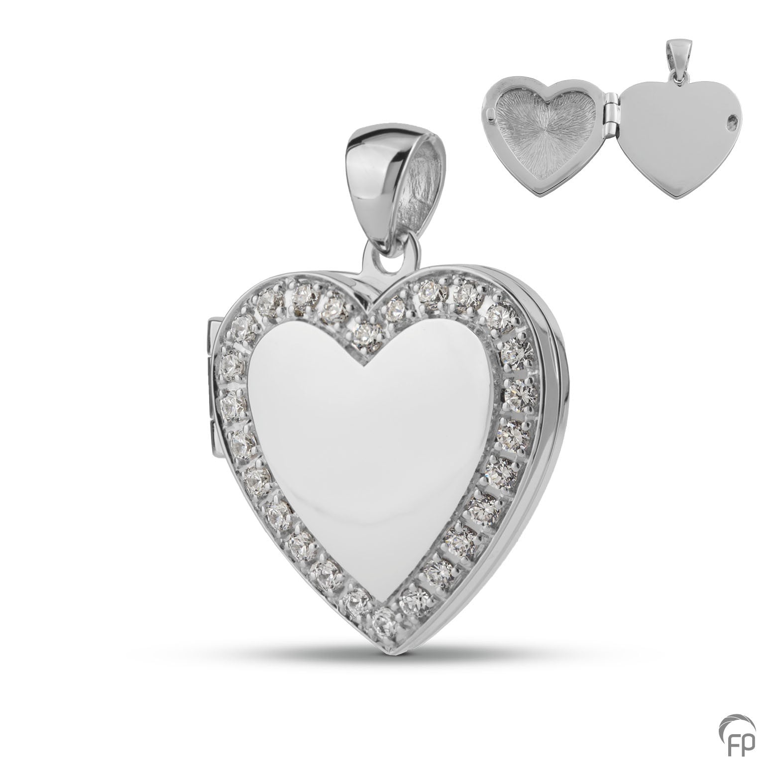 Hart medaillon, in zilver afgewerkt met zirkonia's, in goud met diamanten.  De ashangers zijn zelf te vullen en te bestellen in zilver 925 sterling, geelgoud en witgoud.