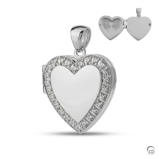 Hart medaillon, in zilver afgewerkt met zirkonia's, in goud met diamanten.  De ashangers zijn zelf te vullen en te bestellen in zilver 925 sterling, geelgoud en witgoud.