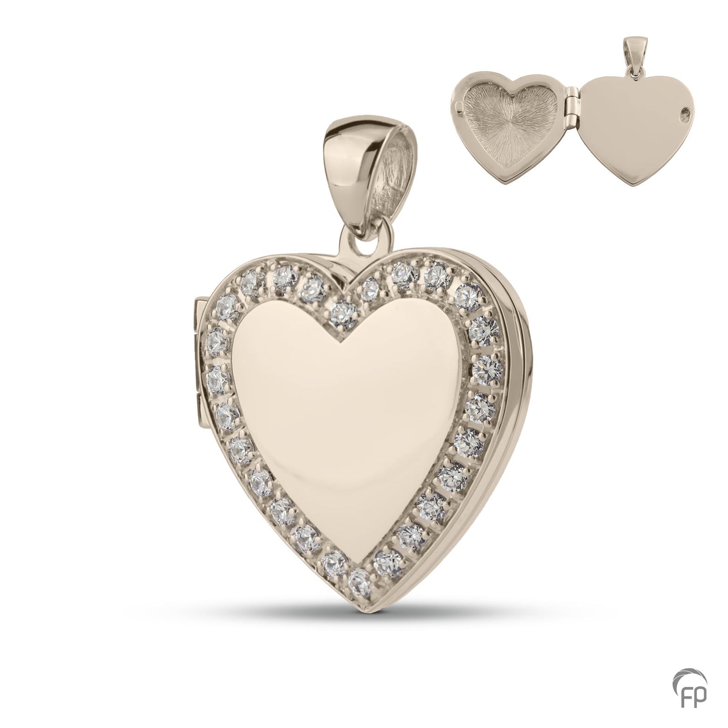 Hart medaillon, in zilver afgewerkt met zirkonia's, in goud met diamanten.  De ashangers zijn zelf te vullen en te bestellen in zilver 925 sterling, geelgoud en witgoud.