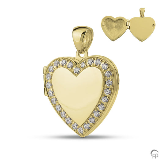 Hart medaillon, in zilver afgewerkt met zirkonia's, in goud met diamanten.  De ashangers zijn zelf te vullen en te bestellen in zilver 925 sterling, geelgoud en witgoud.