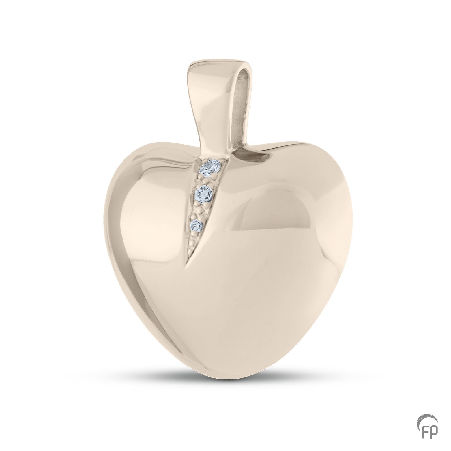 Ashanger hart met twee askamers. In zilver uitgevoerd met zirkonia's, in goud met diamanten.  De ashangers uit deze collectie gedenksieraden zijn zelf te vullen.