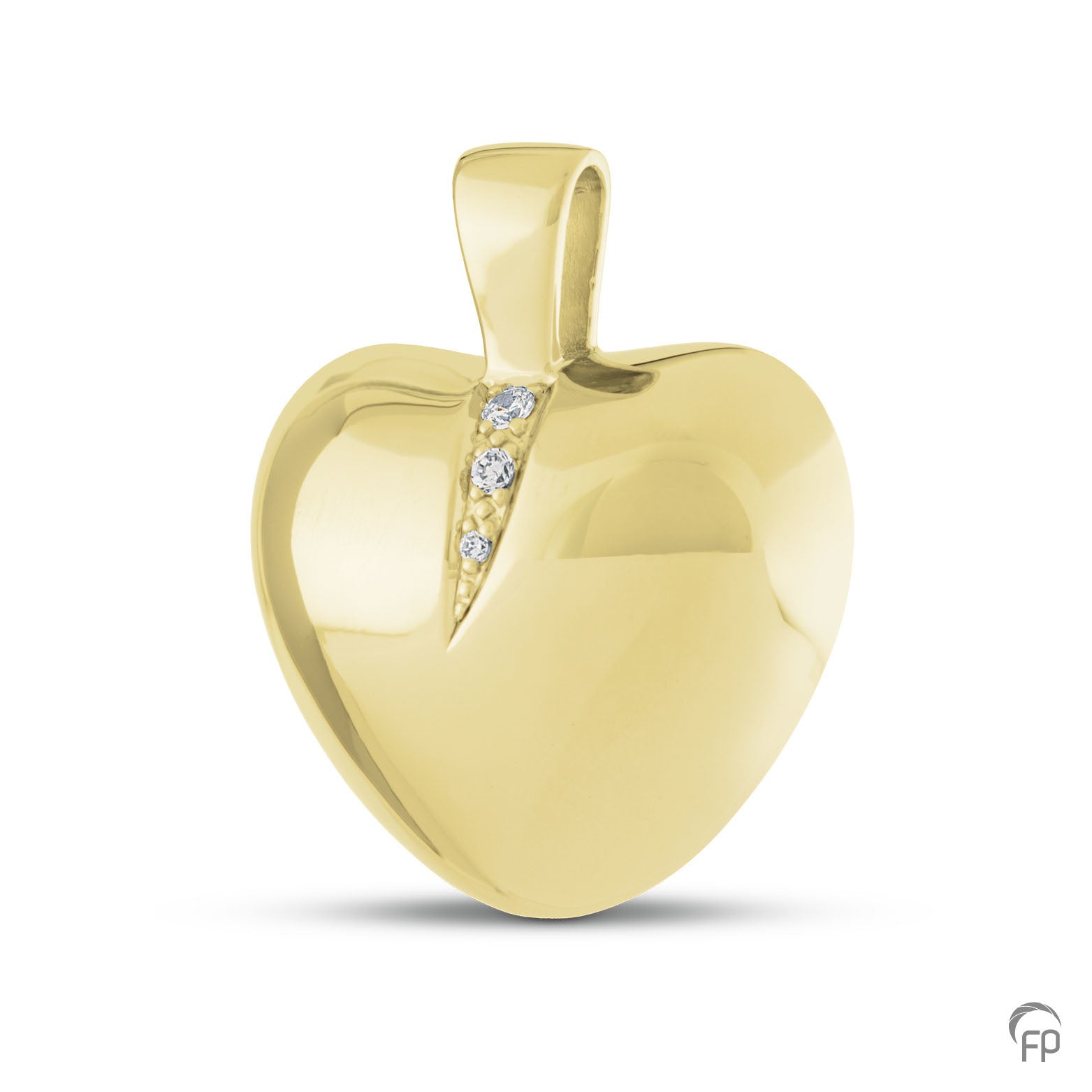 Ashanger hart met twee askamers. In zilver uitgevoerd met zirkonia's, in goud met diamanten.  De ashangers uit deze collectie gedenksieraden zijn zelf te vullen.