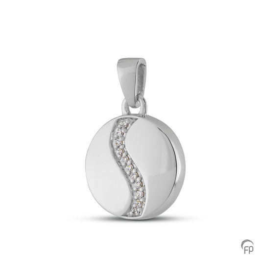 Ronde hanger,in zilver uitgevoerd met zirkonia's, in goud met diamanten.  De ashangers uit deze collectie gedenksieraden zijn zelf te vullen.