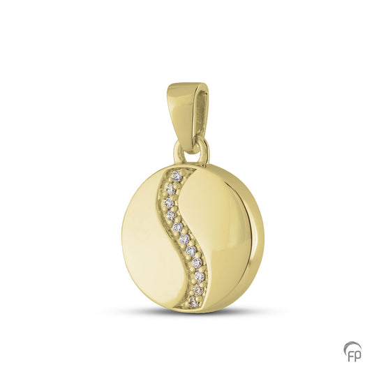 Ronde hanger,in zilver uitgevoerd met zirkonia's, in goud met diamanten.  De ashangers uit deze collectie gedenksieraden zijn zelf te vullen.