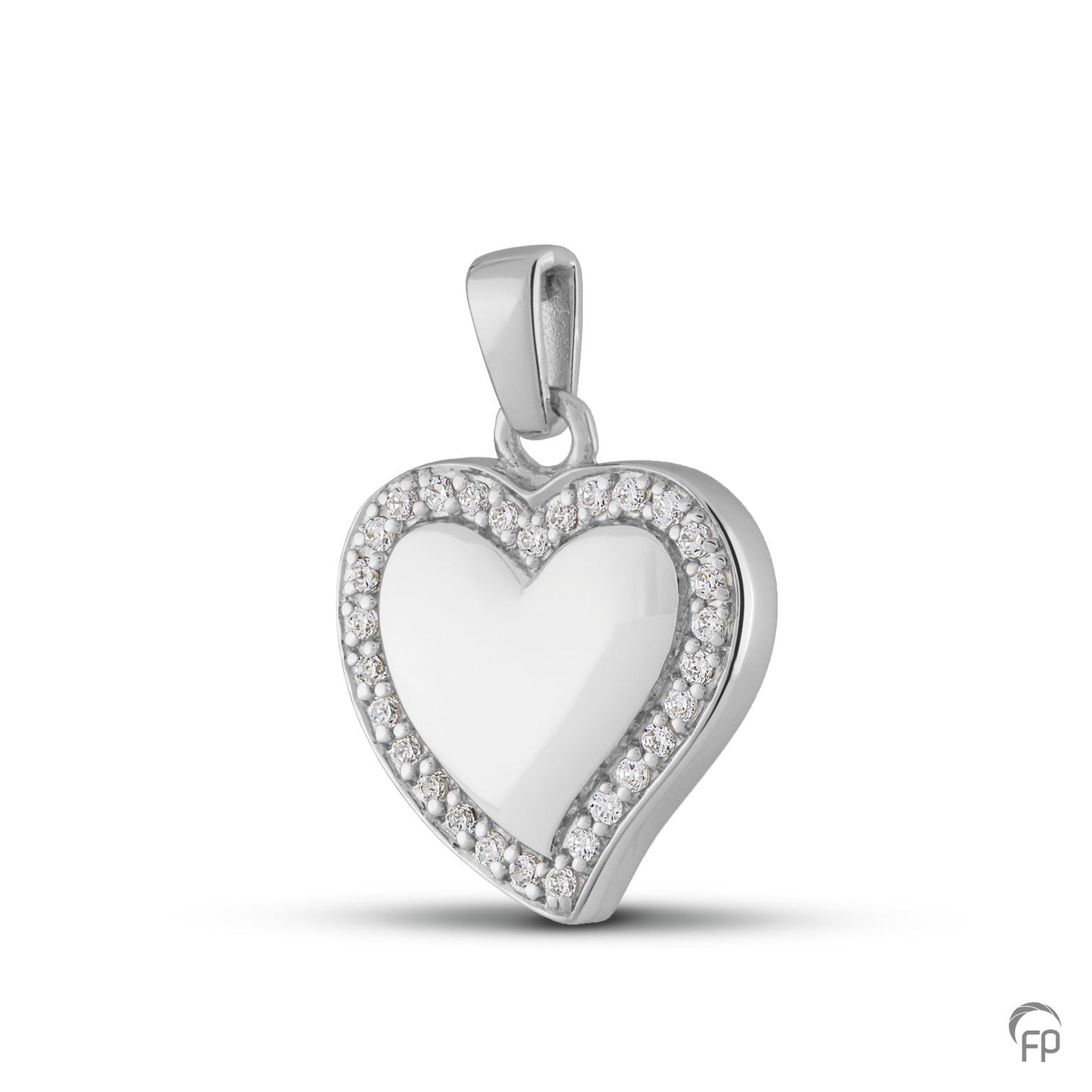 Hanger in hart vorm, in zilver uitgevoerd met zirkonia's, in goud met diamanten.  De ashangers uit deze collectie gedenksieraden zijn zelf te vullen.