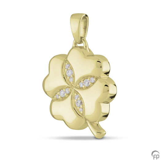 Klavertje vier hanger, in zilver uitgevoerd  met zirkonia's, in goud met diamanten. De ashangers uit deze collectie gedenksieraden zijn eenvoudig zelf te vullen.
