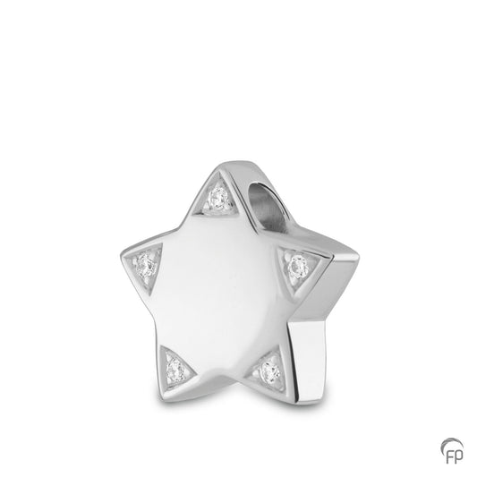 Hanger ster in zilver uitgevoerd met zirkonia's, in goud met diamanten. De ashangers uit deze collectie gedenksieraden zijn eenvoudig zelf te vullen.