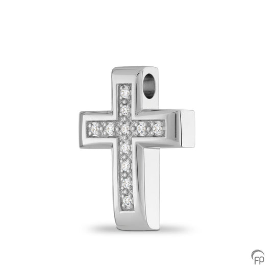 Kruis hanger, in zilver uitgevoerd met zirkonia's, in goud met diamanten.  De ashangers uit deze collectie gedenksieraden zijn eenvoudig zelf te vullen.