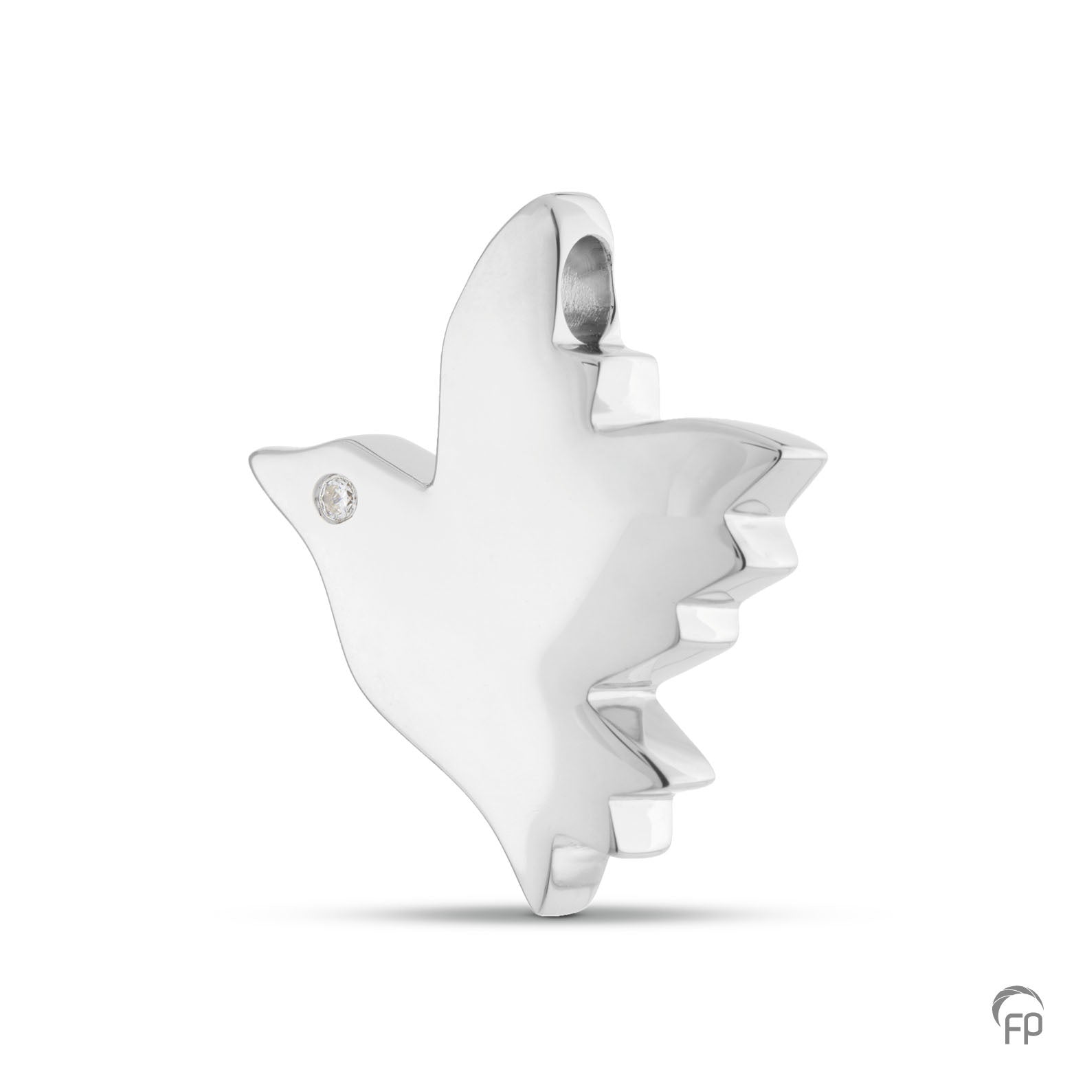 Hanger vogel, met in het oog in zilver een zirkonia, in goud een diamant.  De ashangers uit deze collectie gedenksieraden zijn eenvoudig zelf te vullen